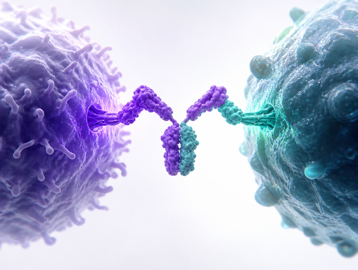 Illustration of the MUCD3 bispecific T-cell engager bridging a T cell and a tMUC1-expressing cancer cell.