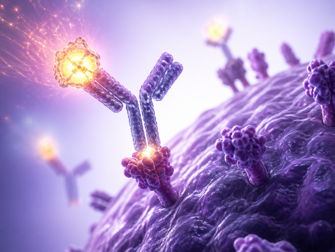 Illustration of a tMUC1-targeted radiopharmaceutical carrying a radioisotope to a cancer cell.